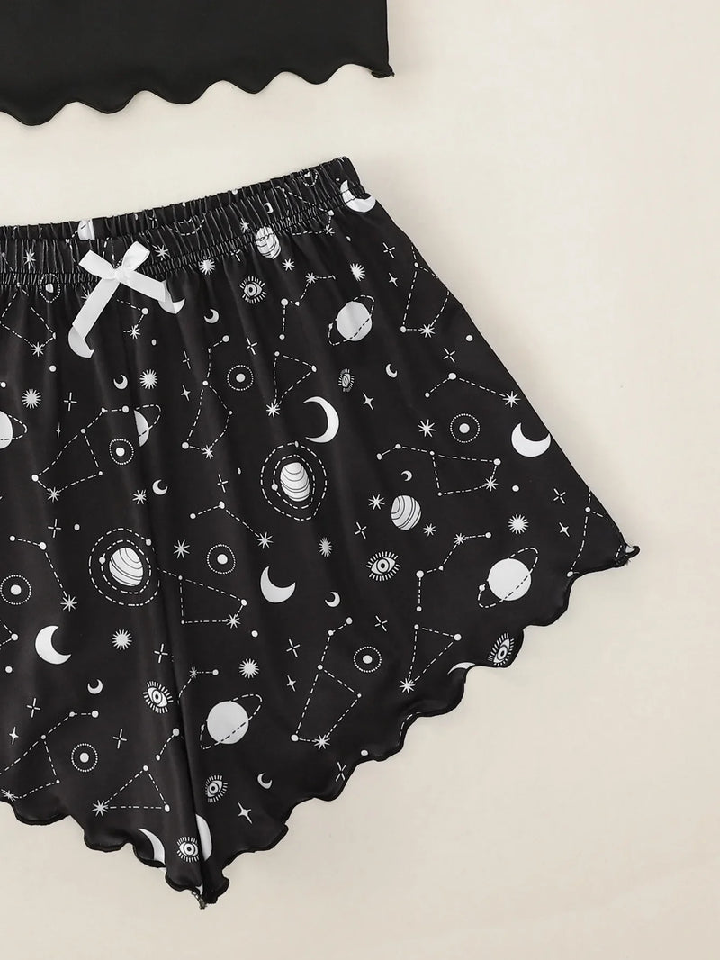 Pijamas de verão para mulheres Conjunto de pijamas com estampa de estrela e lua Sem mangas Top curto e shorts Conjunto de roupa de dormir Pijama