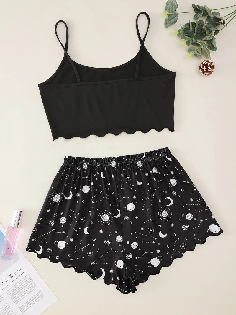 Pijamas de verão para mulheres Conjunto de pijamas com estampa de estrela e lua Sem mangas Top curto e shorts Conjunto de roupa de dormir Pijama