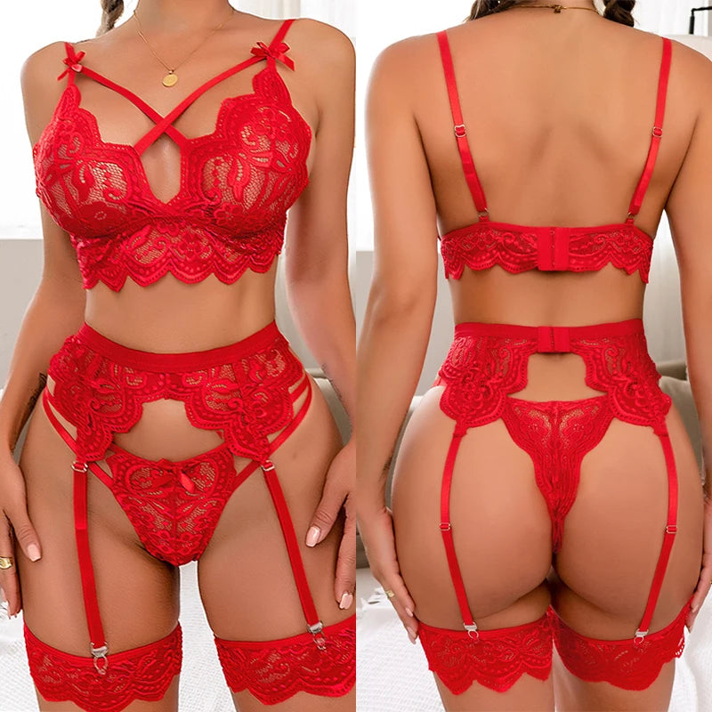 Lingerie Erótica Sexy Feminina Sutiã e Calcinha Ligas 3 Peças Transparentes Conjuntos de Lingerie Sexy Conjunto de Roupa Interior Feminina Trajes Femininos Sensuais