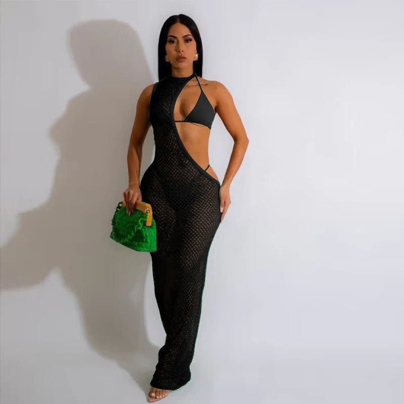 Conjunto de biquíni e vestido de praia feminino com 3 peças, vestido sexy com cabeçada, rede de pesca, um ombro, roupas clássicas, novo