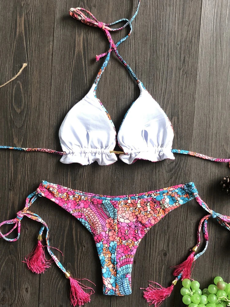 Conjunto de biquíni com estampa floral, traje de banho feminino, biquíni de praia