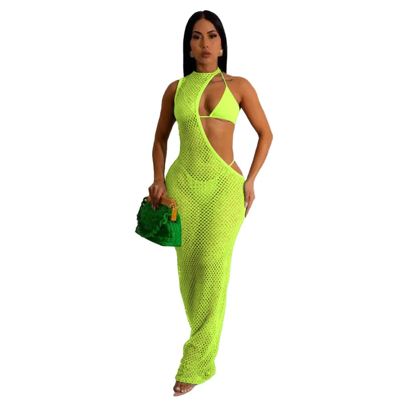 Conjunto de biquíni e vestido de praia feminino com 3 peças, vestido sexy com cabeçada, rede de pesca, um ombro, roupas clássicas, novo