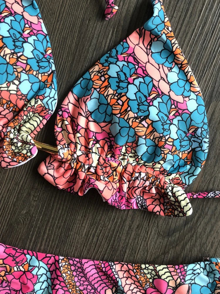 Conjunto de biquíni com estampa floral, traje de banho feminino, biquíni de praia