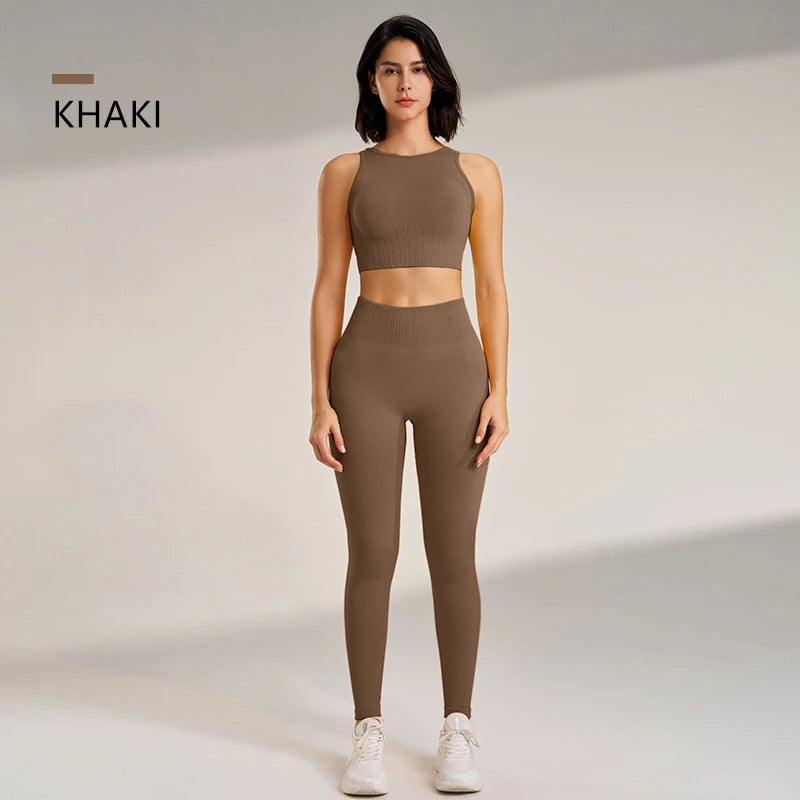 Conjunto de roupas de leggings de cintura alta e top, duas peças, sem costura, roupas de exercícios