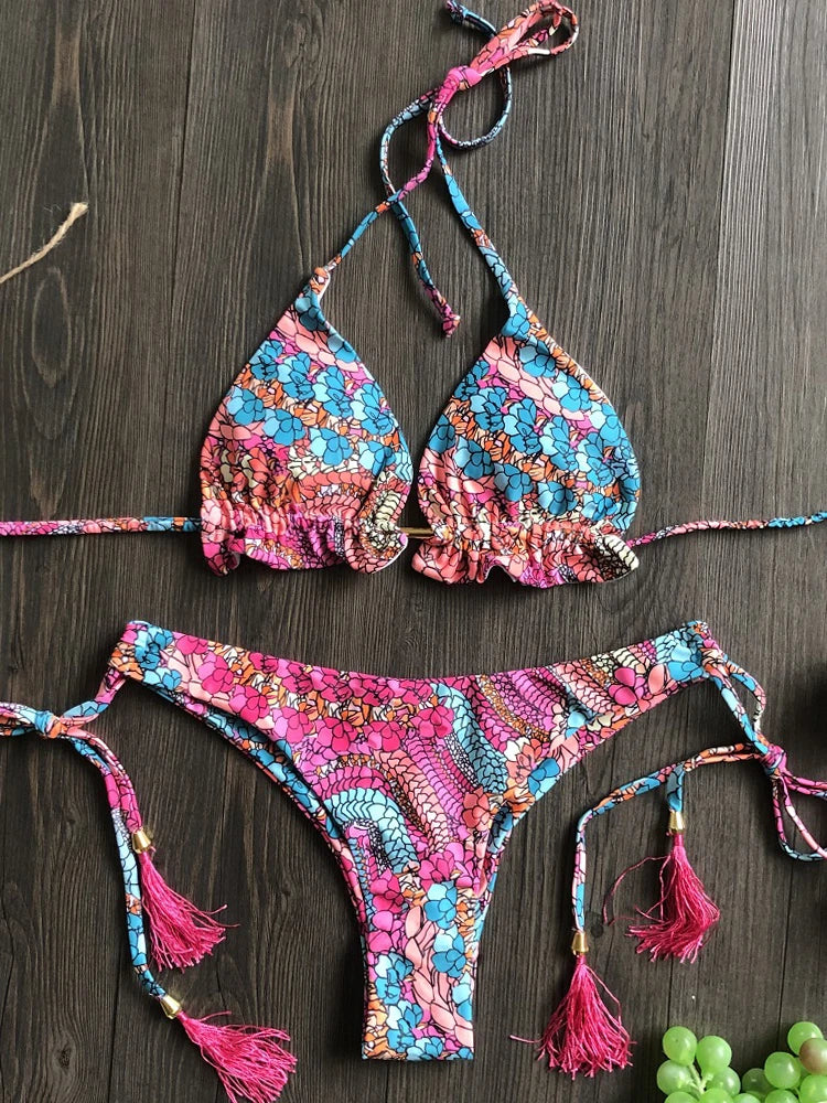 Conjunto de biquíni com estampa floral, traje de banho feminino, biquíni de praia