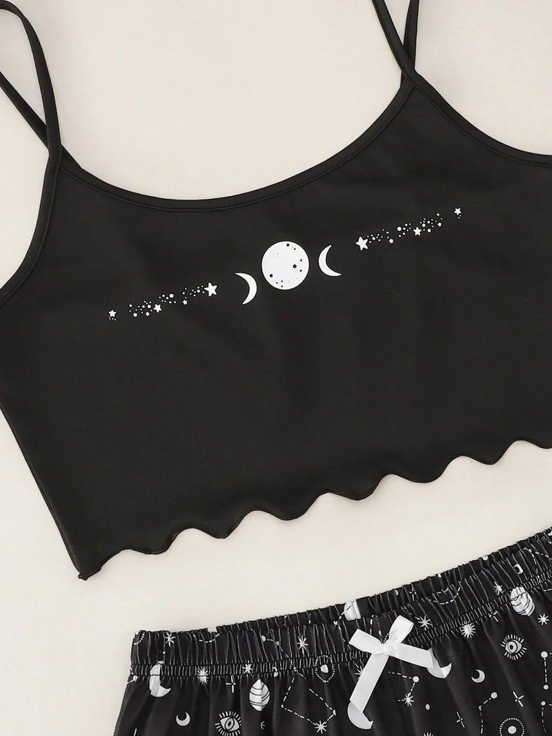 Pijamas de verão para mulheres Conjunto de pijamas com estampa de estrela e lua Sem mangas Top curto e shorts Conjunto de roupa de dormir Pijama