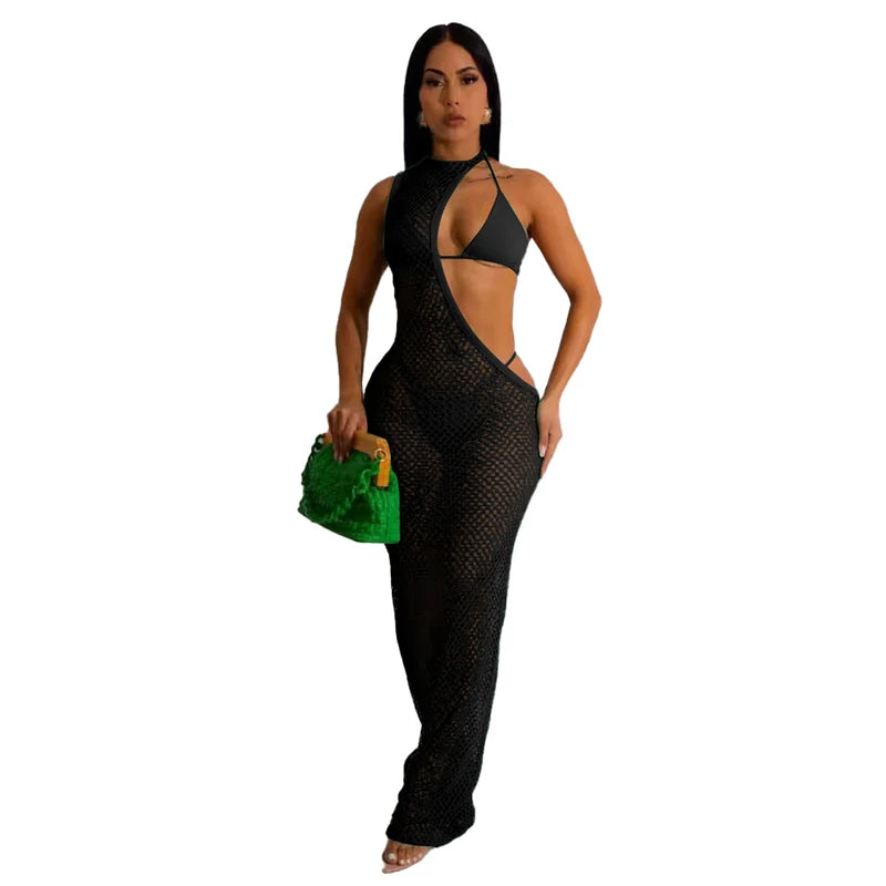 Conjunto de biquíni e vestido de praia feminino com 3 peças, vestido sexy com cabeçada, rede de pesca, um ombro, roupas clássicas, novo