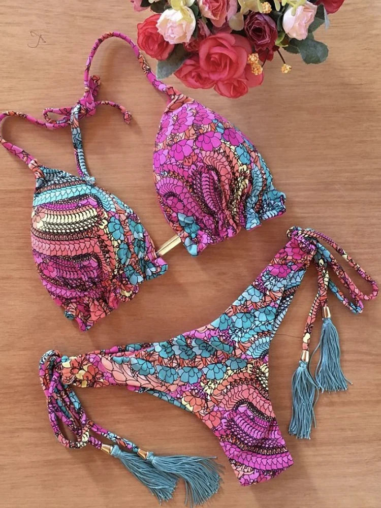 Conjunto de biquíni com estampa floral, traje de banho feminino, biquíni de praia