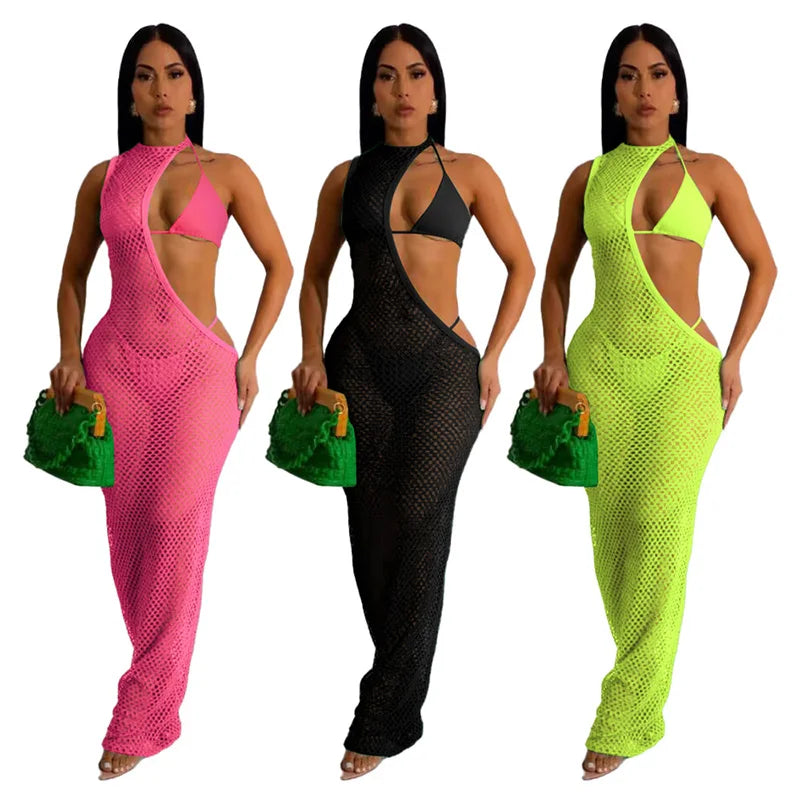 Conjunto de biquíni e vestido de praia feminino com 3 peças, vestido sexy com cabeçada, rede de pesca, um ombro, roupas clássicas, novo